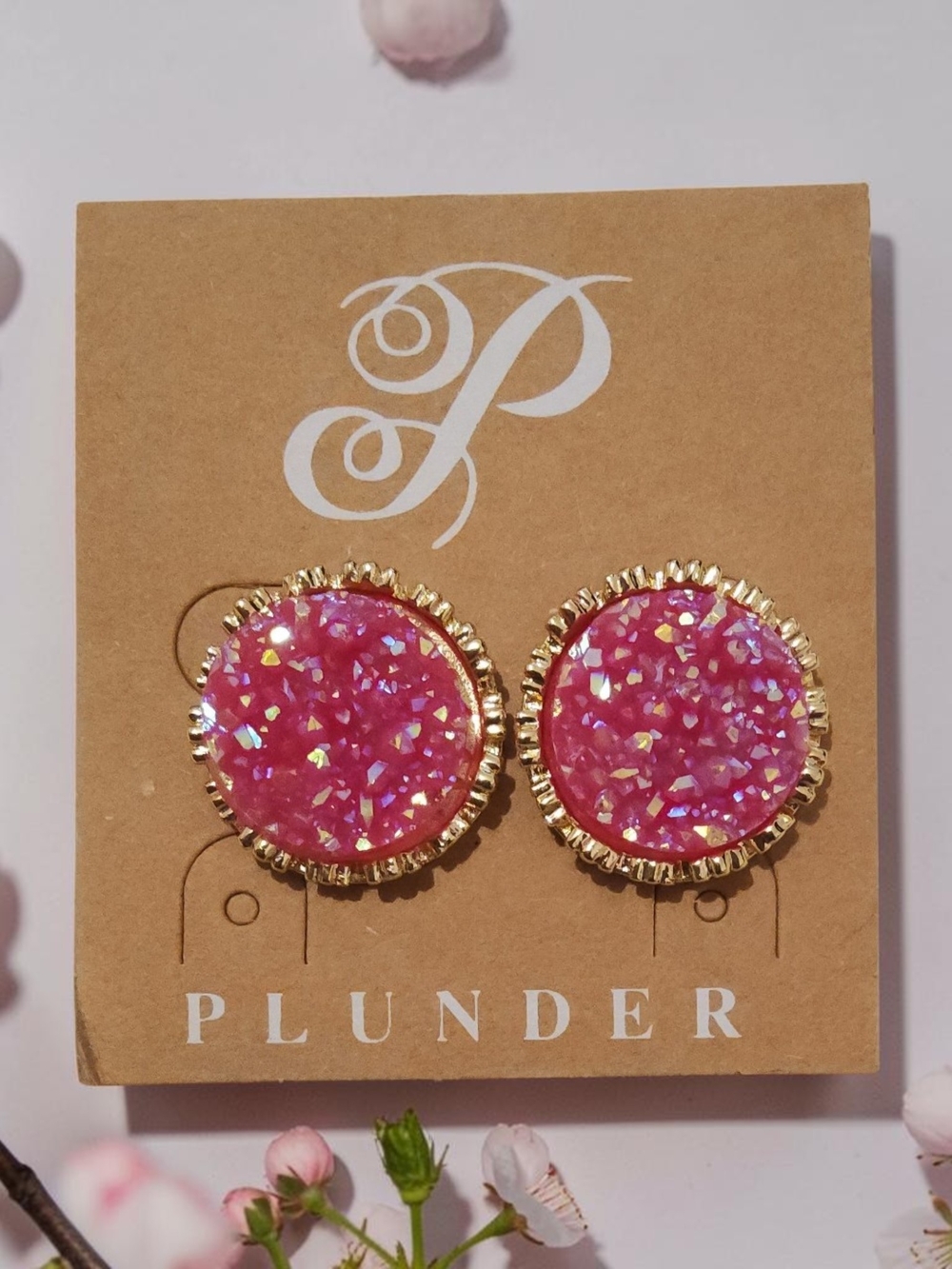 Plunder Gold-Edged Pink Druzy Round Stud Earrings